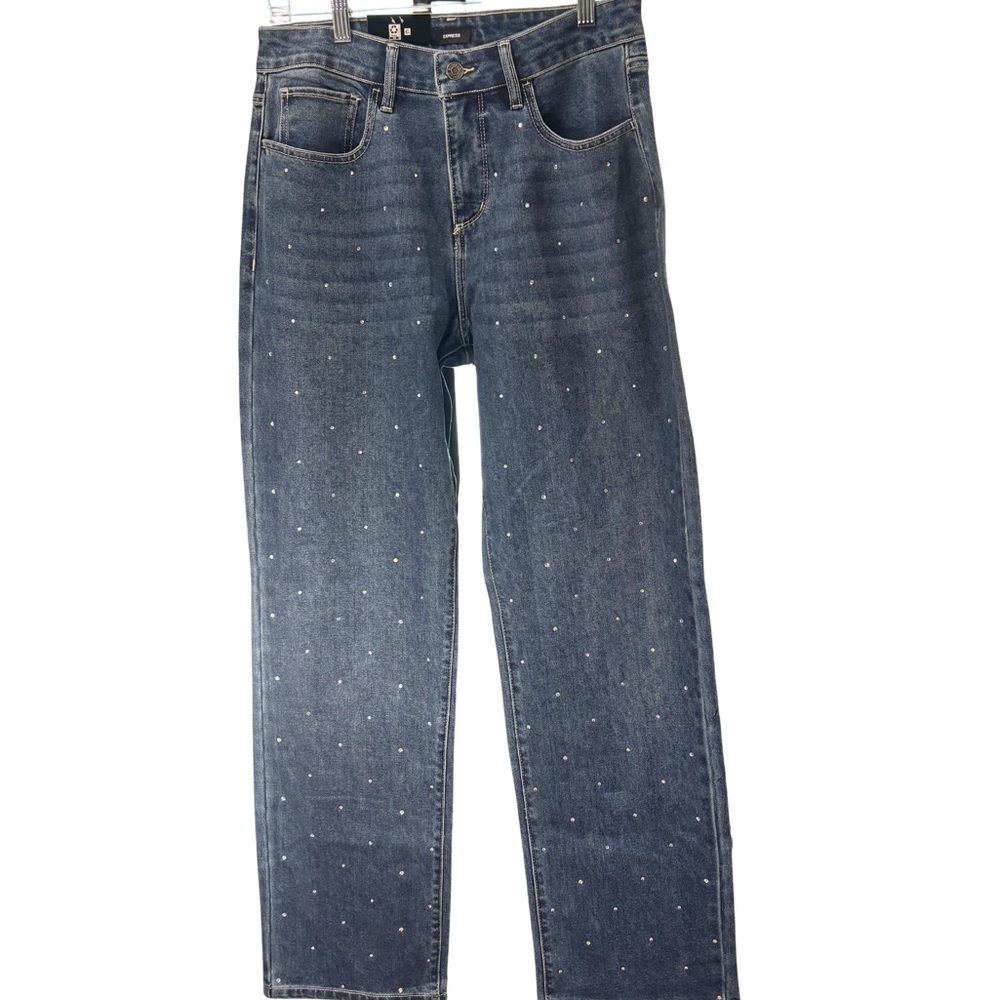 Express Women’s Denim Straight Leg Jeans with Rhinestones Size 8 New